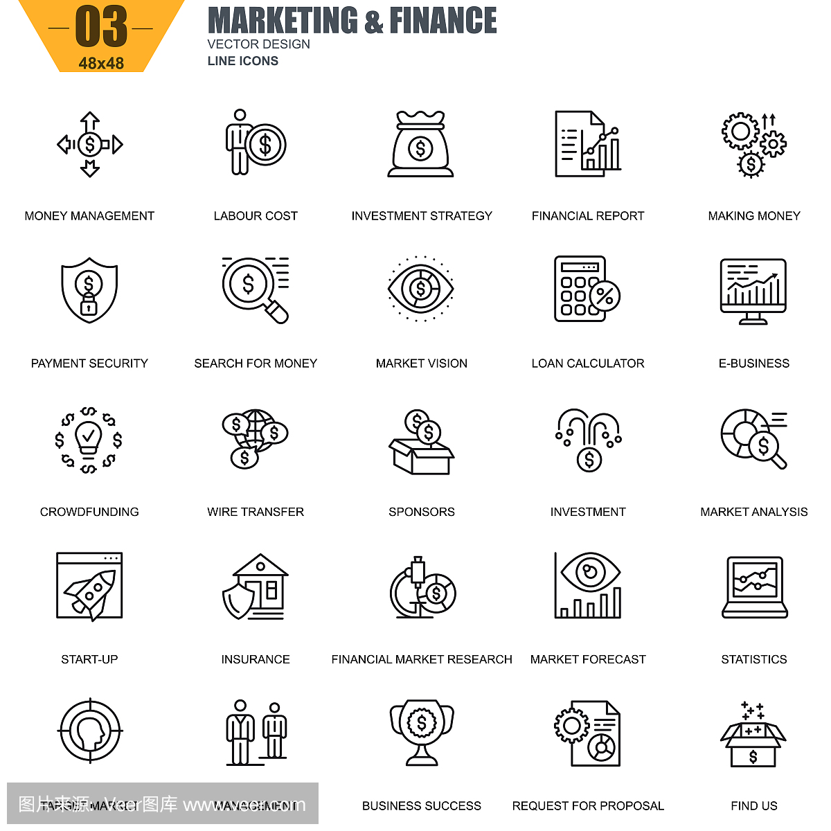 細線營銷和財務圖標設置為網站